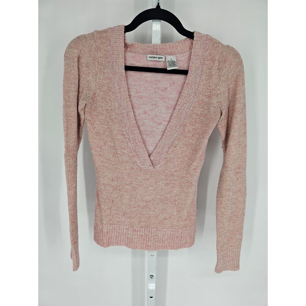 Energie Women's Long Sleeve Pink Deep V-Neck Blended Fiber Knit Sweater Size S